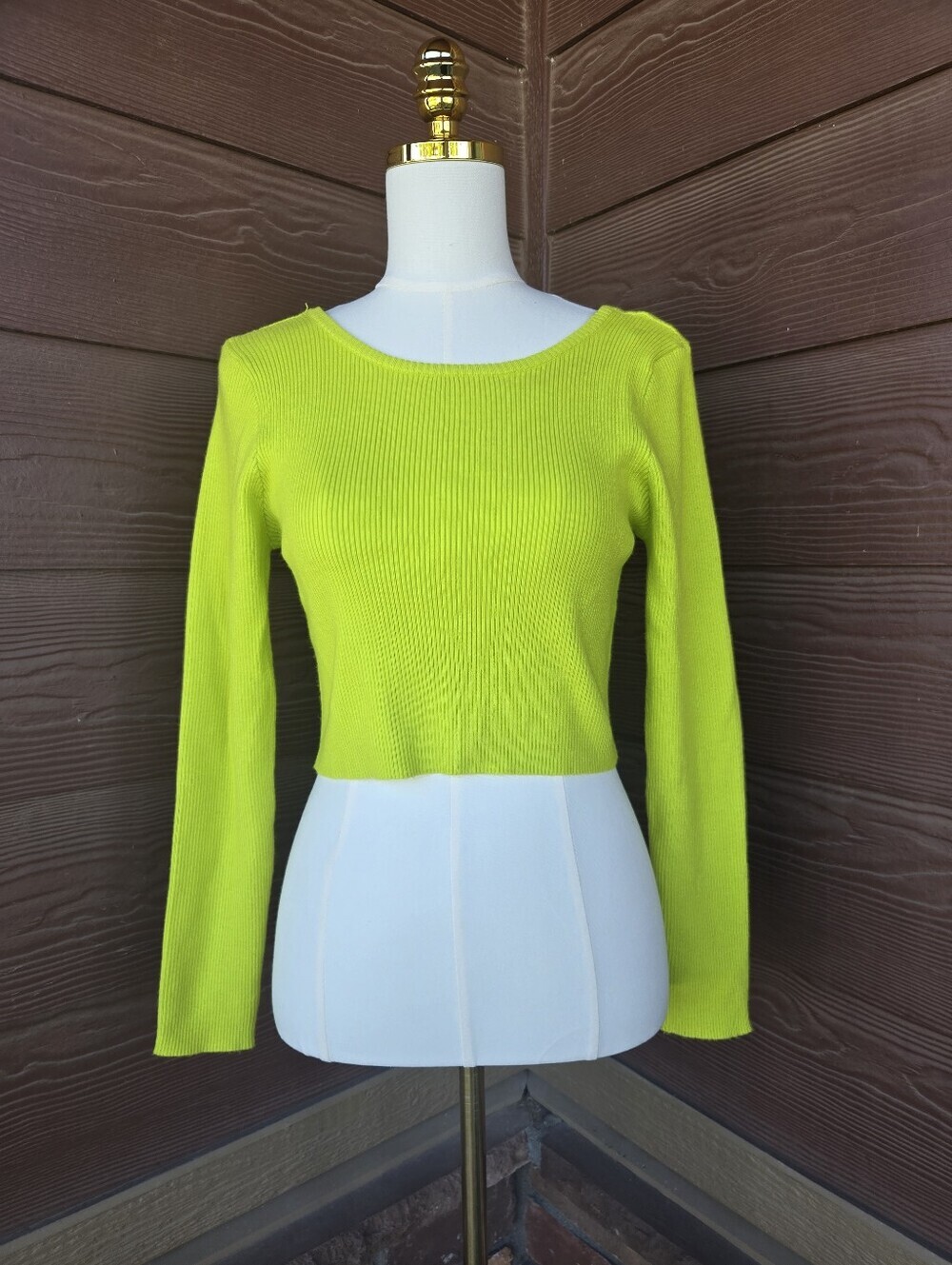 NWT Pretty Garbage Cropped Lime Green Ribbed Crewneck Sweater Women's Size Small